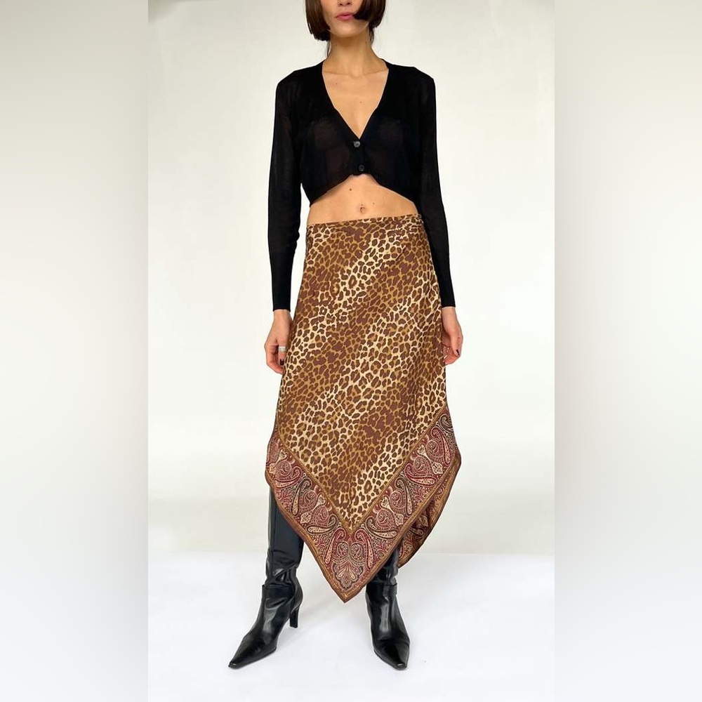 Vintage asymmetrical Skirt Circa 2000. Leopard print with a pointed paisley trim